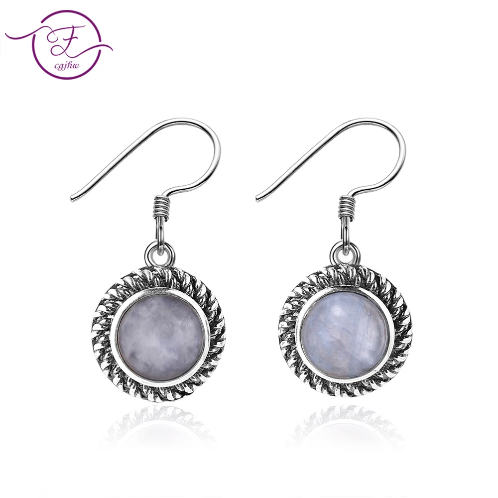 

High Jewelry S925 Sterling Silver Drop Earrings Round Natural Moonstone and Natural Purple Dragon Crystal Earrings Party Gift