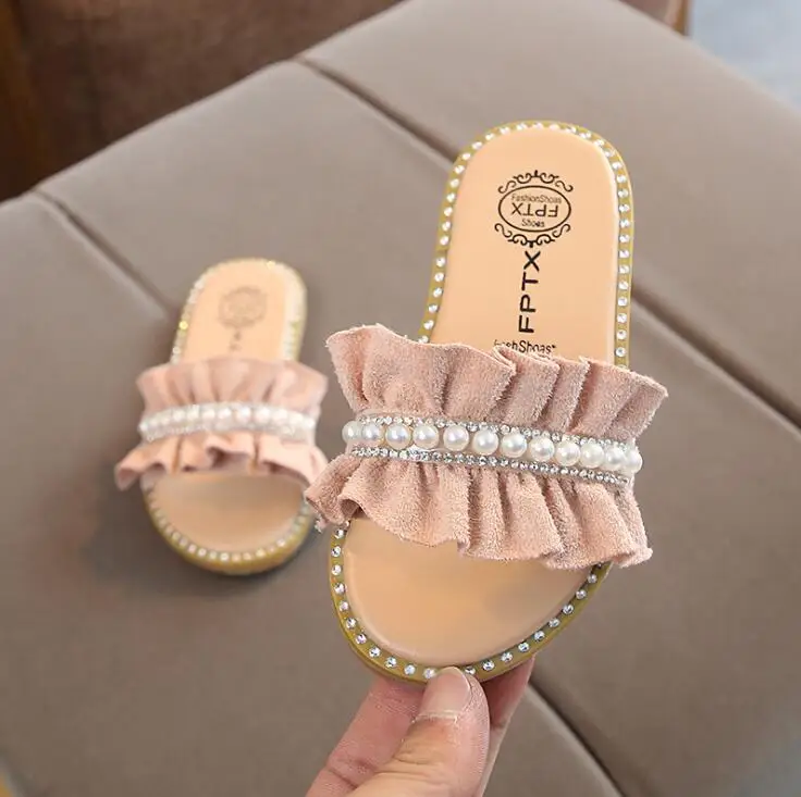 Kids Slippers for Girls Pearl Sandals Summer Baby Slippers Flat Princess House Flip Flop Children Non-slip Korea Casual Shoes