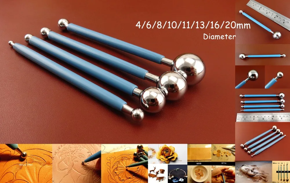

4pc Leather Craft Flower Make Skin Presser Sculpture Carve Modelling Shaping Ball Tool Set - Carving Stamping Knife Cutter Punch