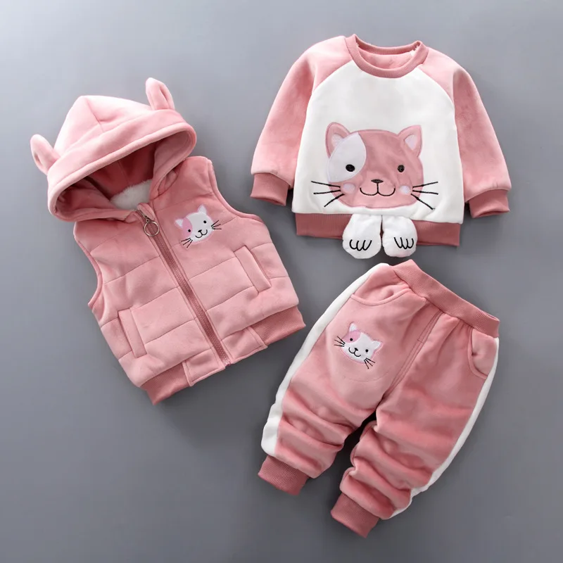 Одежда для новорожденных мальчиков г., зимний утепленный бархатный жилет с рисунком кота+ рубашка, Топы+ штаны, одежда для маленьких девочек из 3 предметов костюмы для малышей
