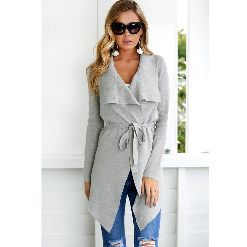 LOSSKY Autumn Women Casual Slim Asymmetric Length Open Stitch V Neck Lace Up Trench Elegant Outerwear 2018 New Cardigan Overcoat