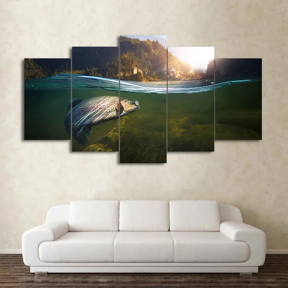 Украшение дома искусство, картинки, на стену холст рамки плакаты 5 шт. река Рыбалка Солнечный пейзаж HD Современная печатная живопись