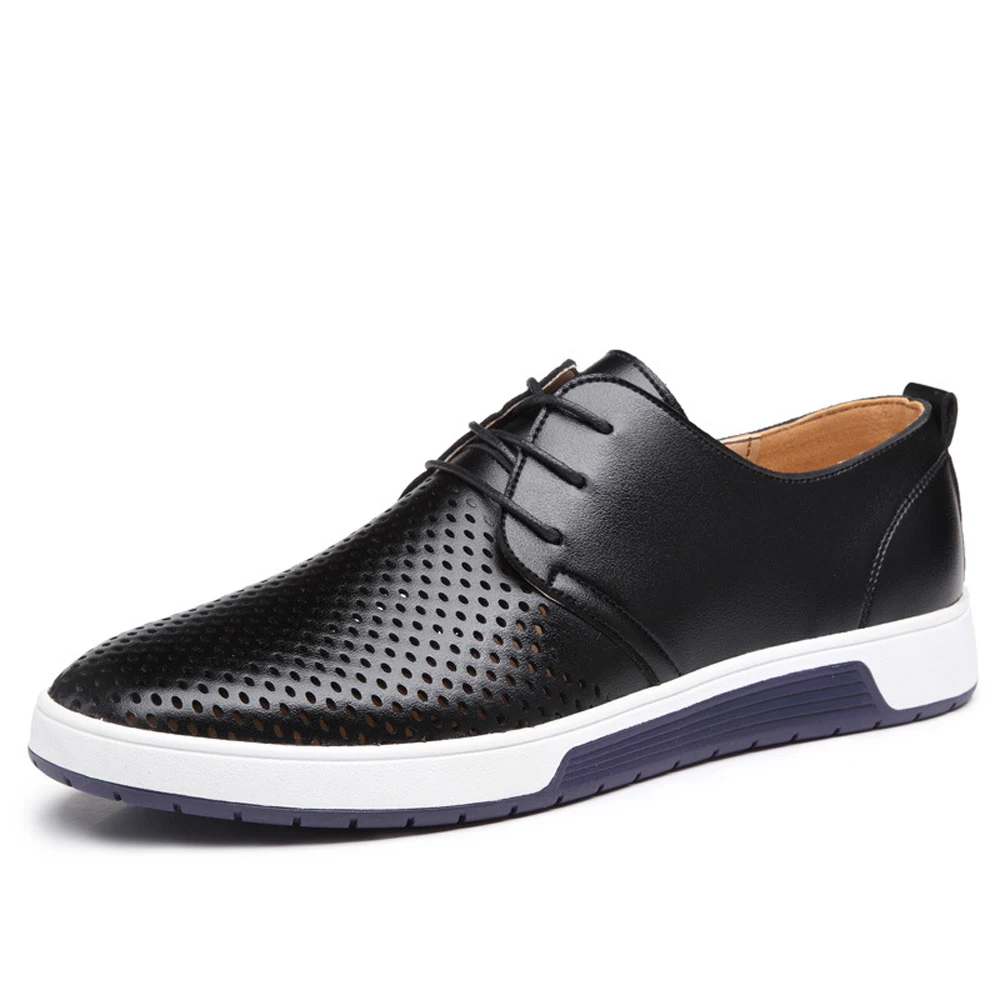 

Men Casual Shoes Leather Breathable Holes Shoes 2019 New Summer Luxury Brand Flat Shoes for Men Shoes Black Brown Drop Shipping