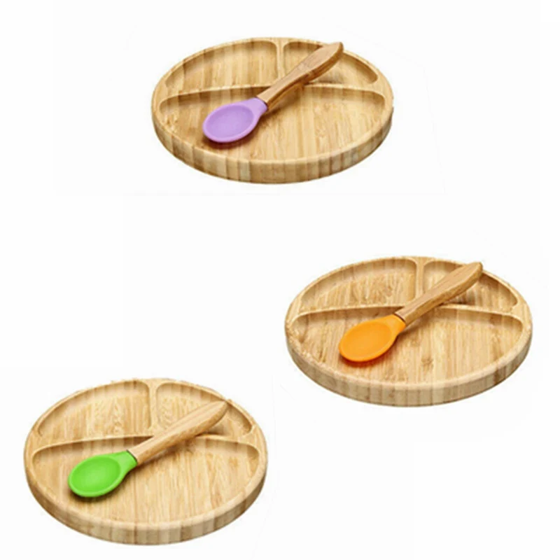 

Baby Feeding Bamboo Suction Bowl Stay Put Suction Divided Plates Plus Baby Spoon JCX9196