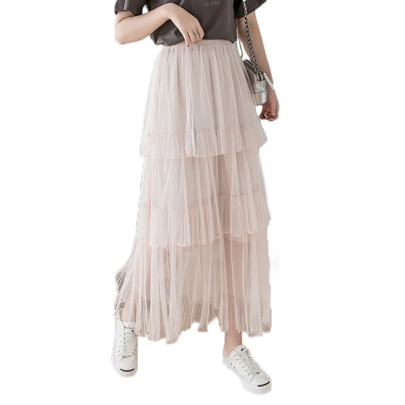1512 Лето длинная многослойная юбка из сетки для торта Женская эластичная однотонная Повседневная Свободная многоуровневые тюлевые юбки для женщин