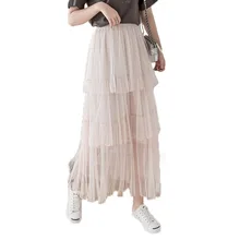 1512 Лето длинная многослойная юбка из сетки для торта Женская эластичная однотонная Повседневная Свободная многоуровневые тюлевые юбки для женщин