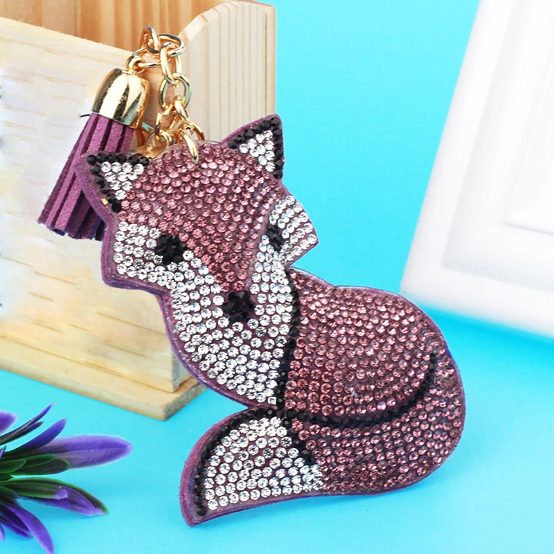 

Cute Fox Crystal Key Chain Key Ring Rhinestone Trinket Car Key Chain Mix Color Inlay Pearl Keychain Cool gift Key Women