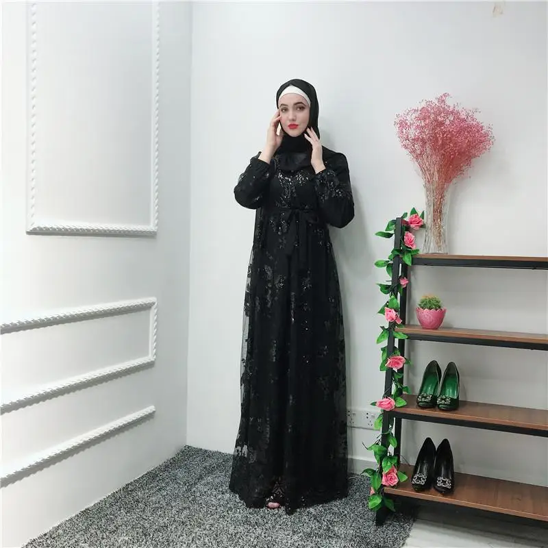 Дубай абайя для женщин блесток мусульманское платье макси Свадьба Вечеринка кафтан длинное платье Блеск Мода Рамадан длинное платье Новинка - Цвет: Черный