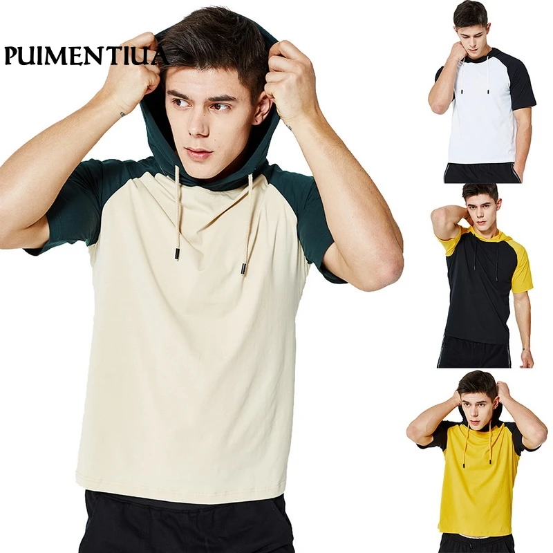 

Puimentiua 2019 Men's Casual T-Shirt Hooded Drawstring Short Sleeve Slim Fit Tee Male Patchwork Workout Basic Top Summer Hoodie