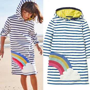 

Jumping Meters Long sleeve Girls Dress Hoody Applique Rainbow Autumn Spring Baby Girl Cotton Dress With Hoodies Striped Clothing