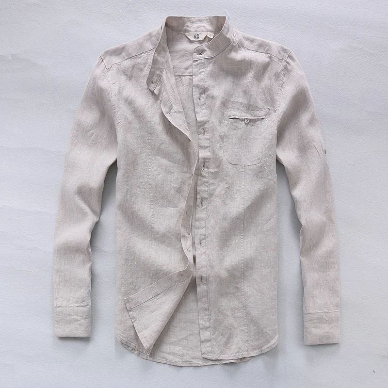 En Ligne Italie marque pur lin chemises hommes manches longues lin homme chemise mode printemps été chemise hommes solide respirant hommes chemises nuisette
