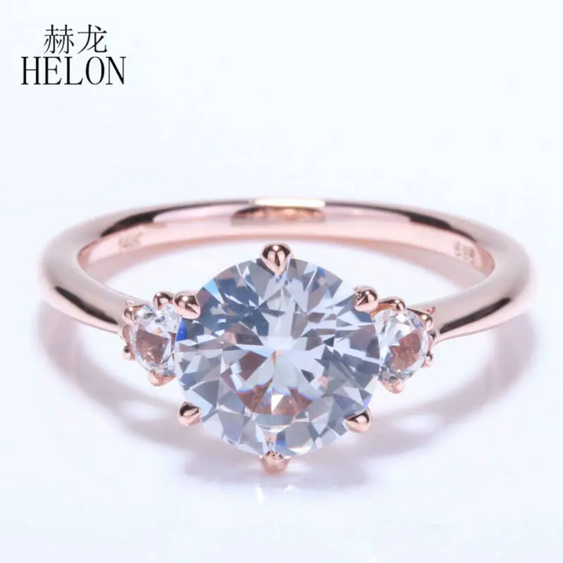 HELON SPECIAL! Три камня 2.4ct белый топаз романтическое обручальное свадебное тонкое кольцо для женщин Ювелирное кольцо твердое розовое золото 14 к
