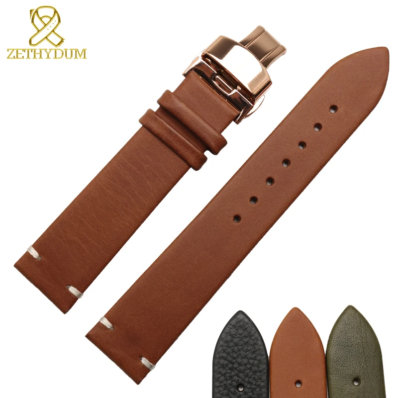 

Genuine leather watch belts watchband 14 16 18 20 22mm wholesale stitched laether black brown watch strap butterfly buckle