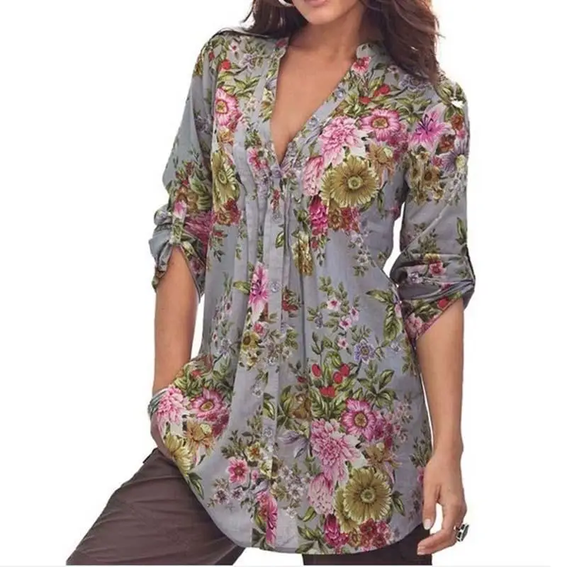 

Hot Brand Women Blouses Spring Summer Shirts Plus Size Tops Cardigan Ladies Flower Print V Neck Loose Chiffon Shirt Button S-6XL