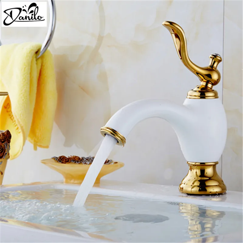 Modern Gold Grilled White Paint Bathroom Faucet Hot Cold Basin
