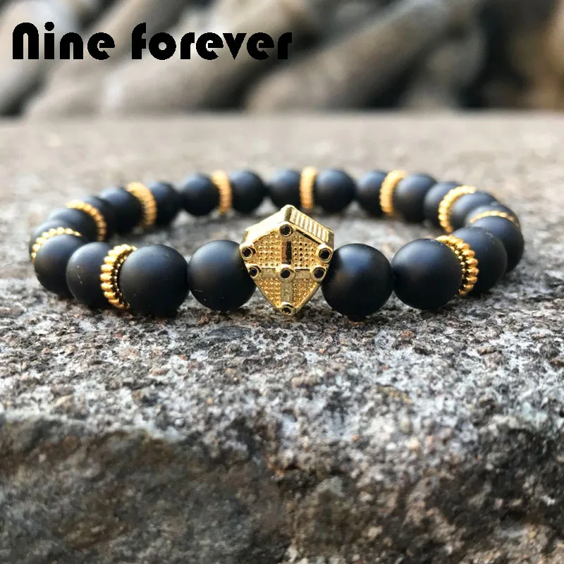 Nine forever браслет мужские ювелирные изделия натуральный черный оникс камень щит