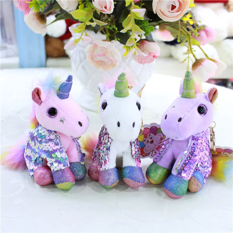 

10cm Sequins Unicorn Small Pendant Stuffed Animal Soft Stuffed Plush Toy can Color change Unicorn Horse Keychain for kids Gift