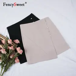 Fencysweet Лето 2019 г. для женщин Мини юбка высокая талия трапециевидной формы повседневное Твердые Нерегулярные корейский короткие юбки для