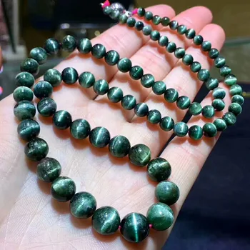 

Genuine Natural Green Tourmaline Quartz 4-10.5mm Crystal Necklace Cat Eye Effect Round Beads Stretch Necklace Woman Beads AAAAA