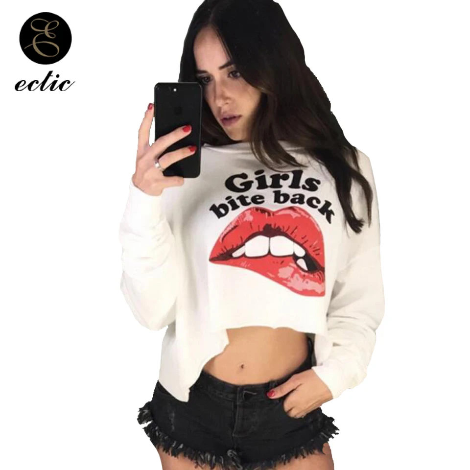 

Casual Cropped Poleron Mujer 2019 Loose Sweatshirt Women Korean Oversized Irregular Hoodie Crop Top Punk Red Lip Girls Bite Back