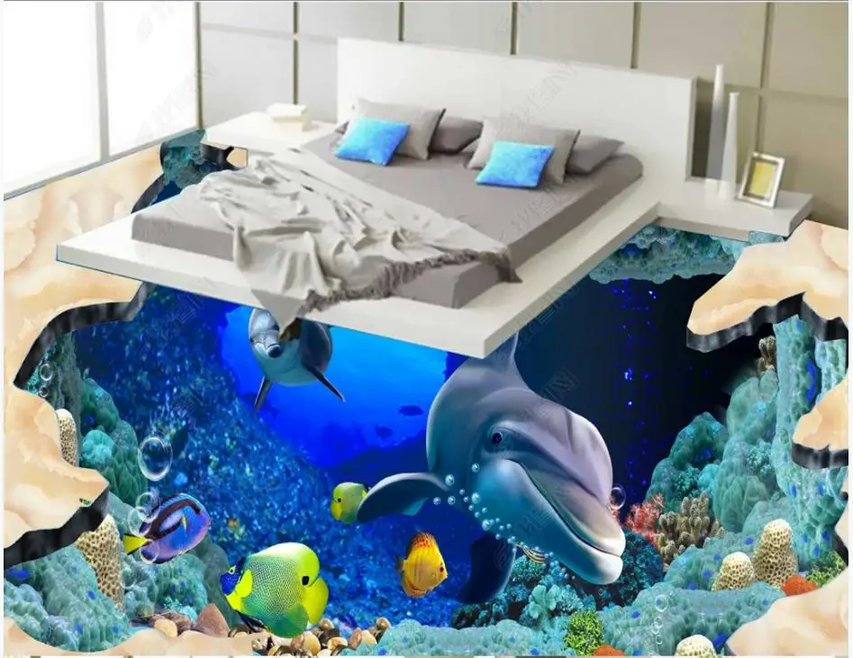 

Custom photo wallpaper 3d Flooring painting wallpaper Underwater World Dolphin Tropical Fish 3D Floor Painting wall stickers
