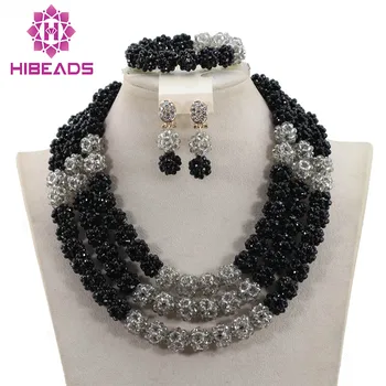

Charms Black and Silver Grey Crystal Balls Jewellery Set African Indian Bridal Necklace for Women 2017 Free Shipping WD980