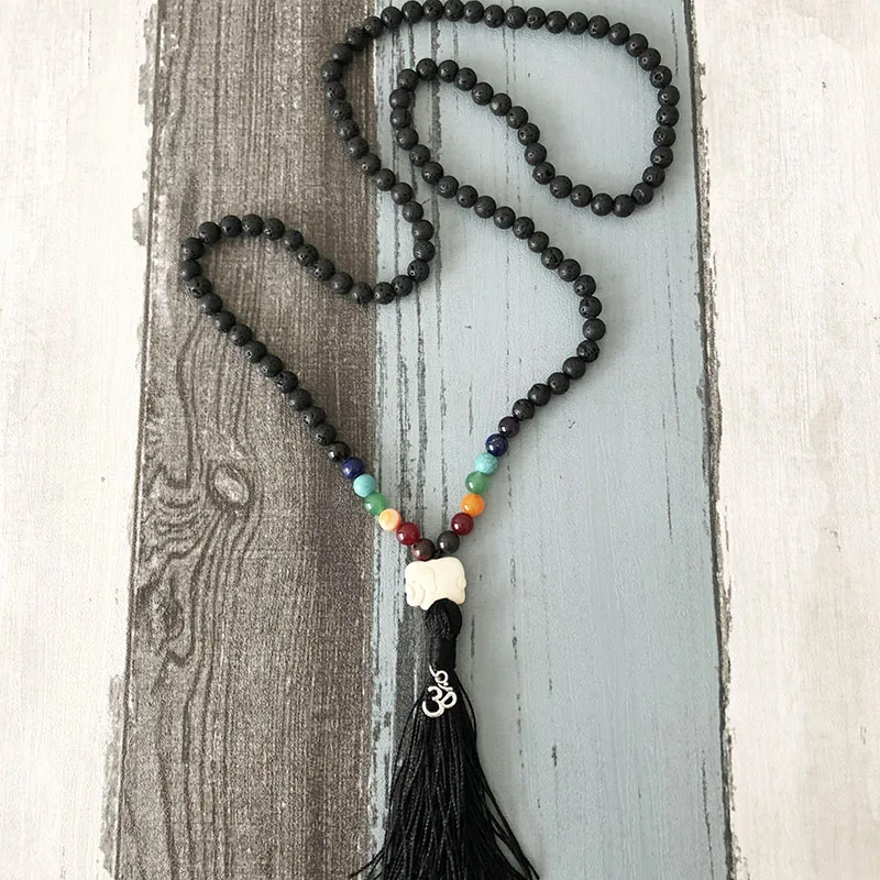 

Black Tassel 108 Mala Beads Lava Rock Necklace Healing Meditation Yoga Necklaces Elephant Charm Chakra Beaded Necklace Gift