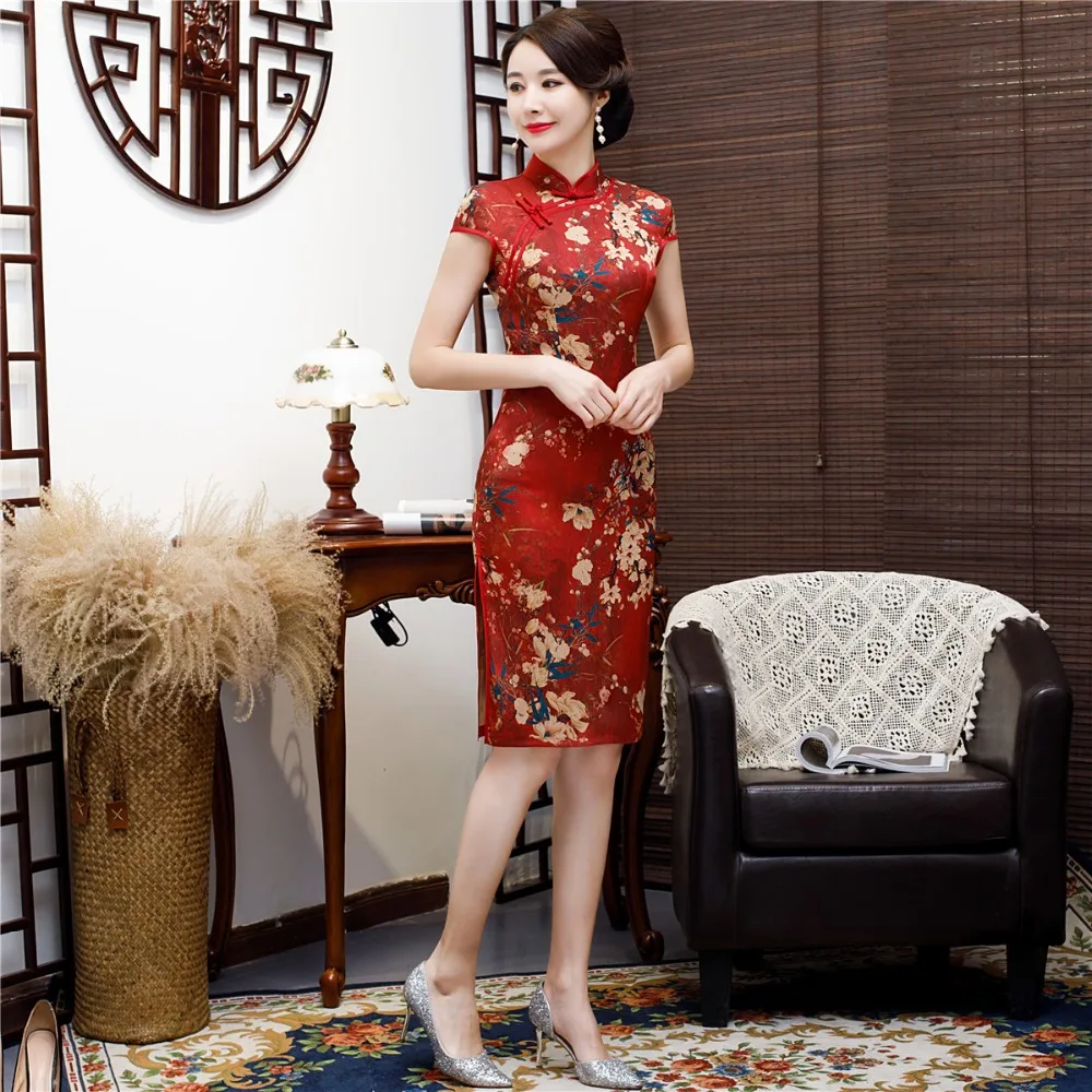 Шанхай история по колено Qipao искусственная китайское традиционное платье Oriental стиль китайский женские платье-Чонсам красный и зеленый