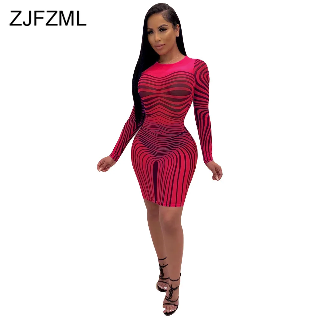 

Stripe Mesh Patchwork Sexy Mini Dress Women O Neck Long Sleeve See Through Bandage Dress Summer Neon Green Rose Club Party Dress