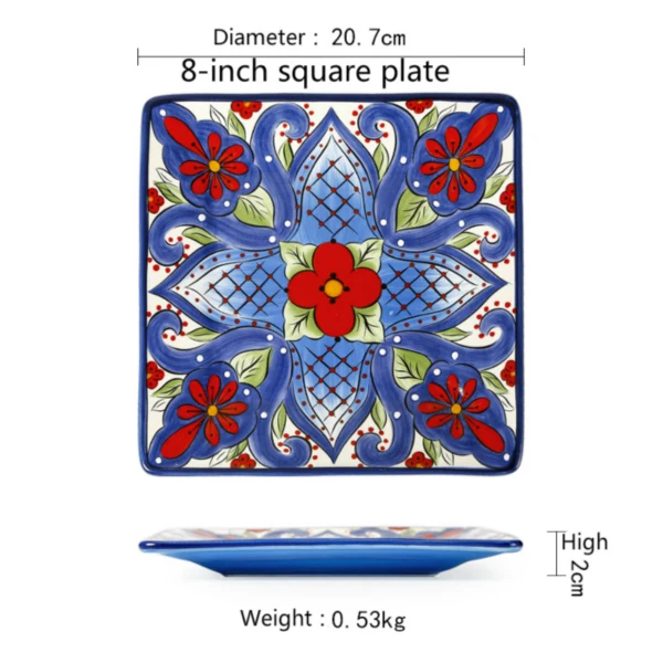 Европейский синий узор набор керамической посуды Ручная роспись большая Квадратная тарелка западное блюдо для стейков круглые тарелки Салат чаша кружка - Цвет: 8 inch square plate