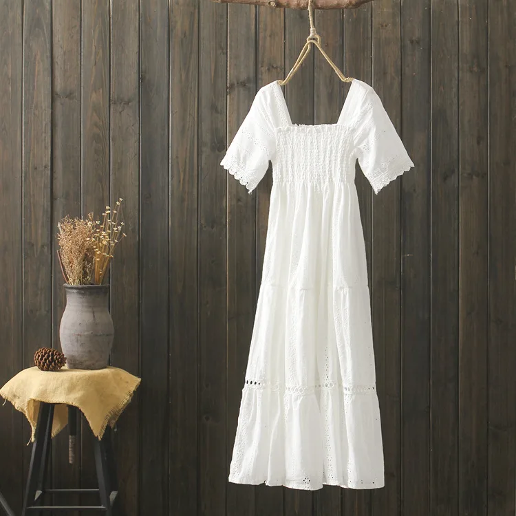 

KYQIAO women bohemian white dress 2019 mori girls summer Japanese style sweet boho square collar white hollow cotton dress