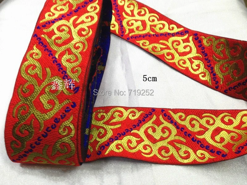 

5cm 50mm 2'' Costume Curtain Laciness Lace National Jacquard Ribbon Woven Embroidery Webbing Triangle Cloud China Red Gold Moire
