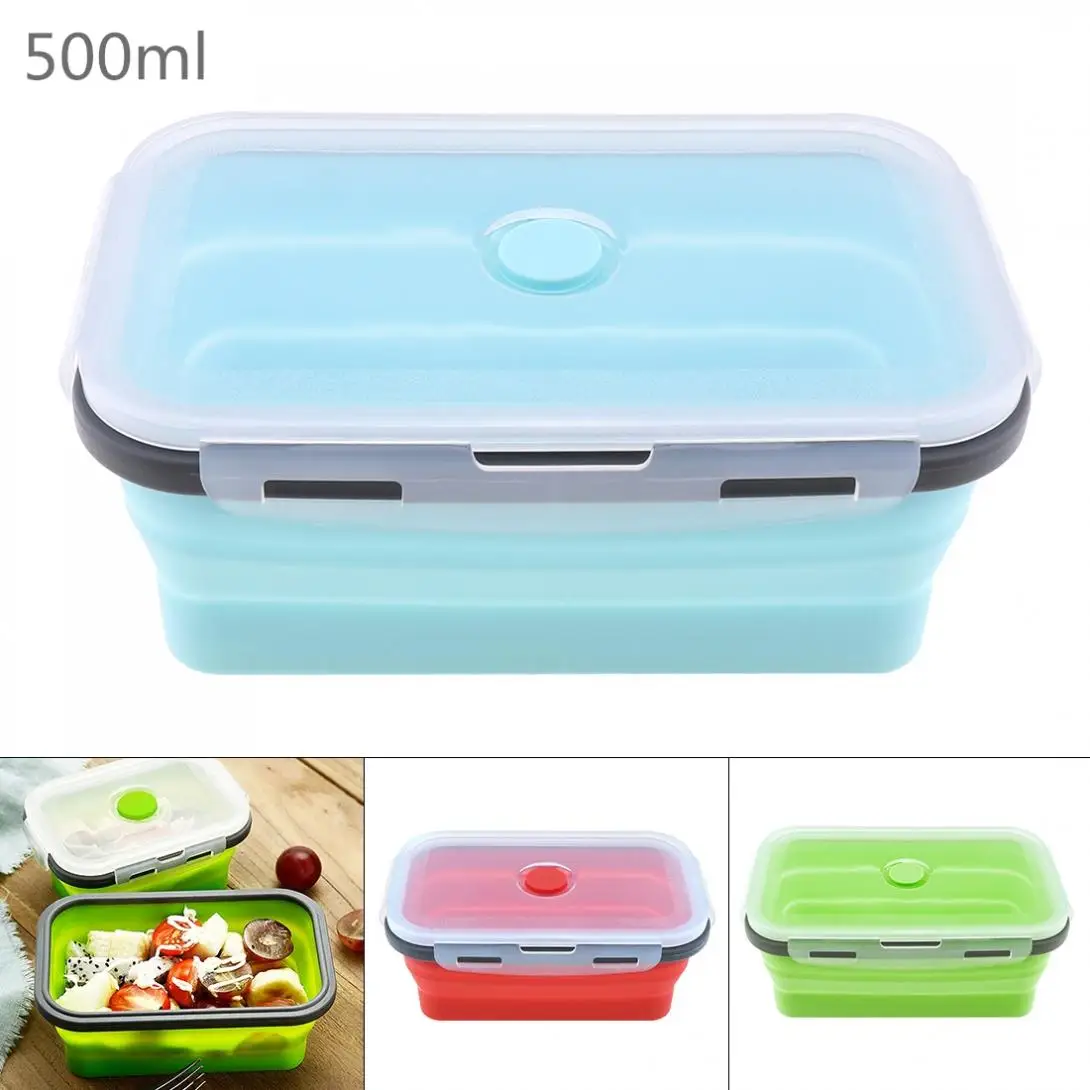 

500ML Rectangle Silicone Scalable Folding Lunchbox Bento Box with Silicone Sealing Plug for - 40 Degrees ~ 230 Degrees
