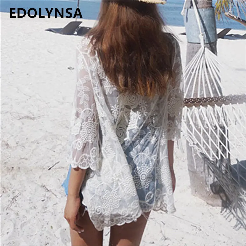 

Fashion Women Plus Size Beachwear 3/4 Sleeve Perspective Lace Short Cardigan Kimono Beach Sexy Blouse Causal Overall #N139