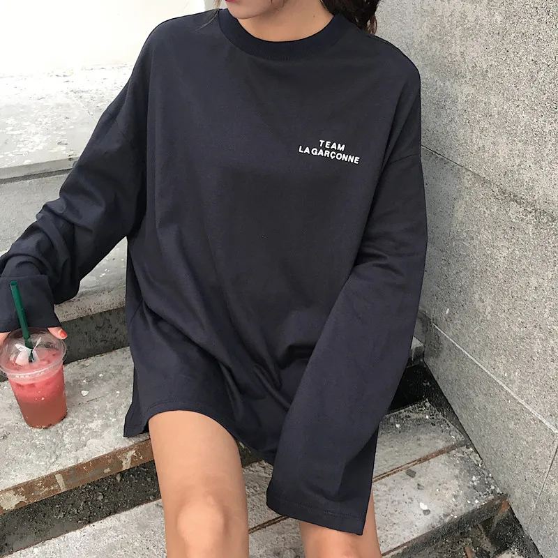 

Summer autumn harajuku long-sleeved Hedging tops Hong Kong wind loose lovers t-shirts letters printed Solid color long t shirts