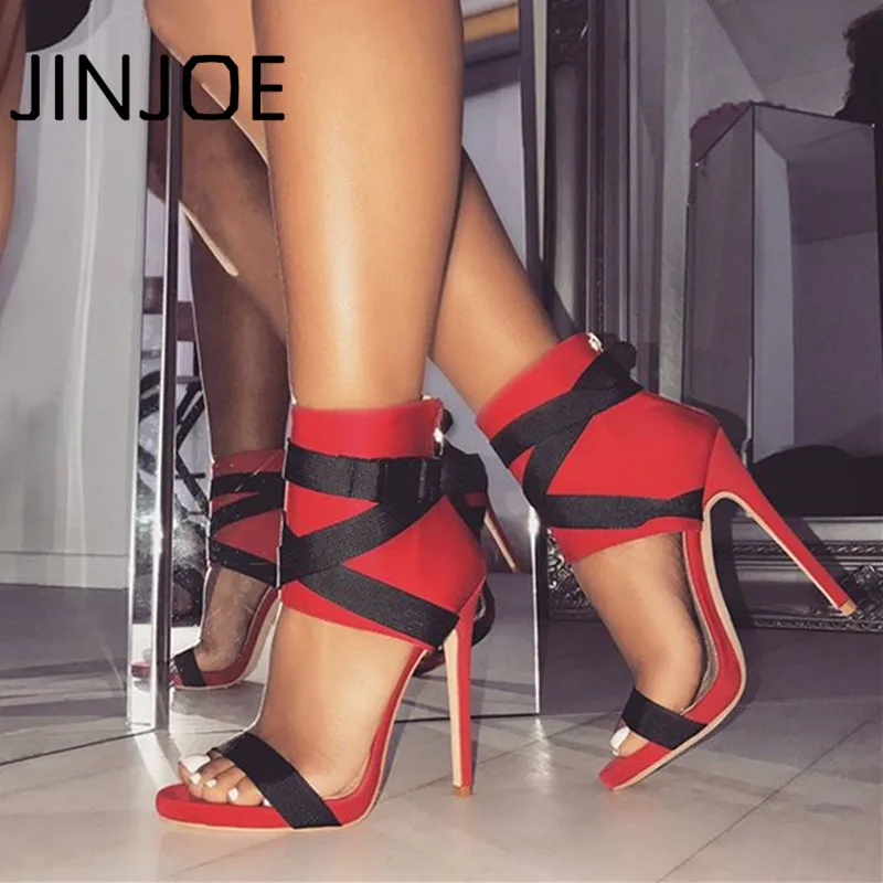 

JINJOE Woman shoes sexy pumps Ribbon straps with high heels Coloured hollowed sandals BareToes High girl sandals Ankle shoes