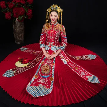 

Exquisite Rhinestone Female Evening Gowns Chinese Ancient Embroidery Bride Wedding Dress Novelty Flower Costume Tang Clothing