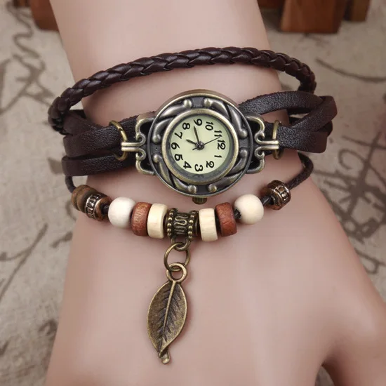 Женские повседневные Ретро Многослойные часы с искусственным кожаным браслетом, женские часы, прямая ручная работа Dreamcatche