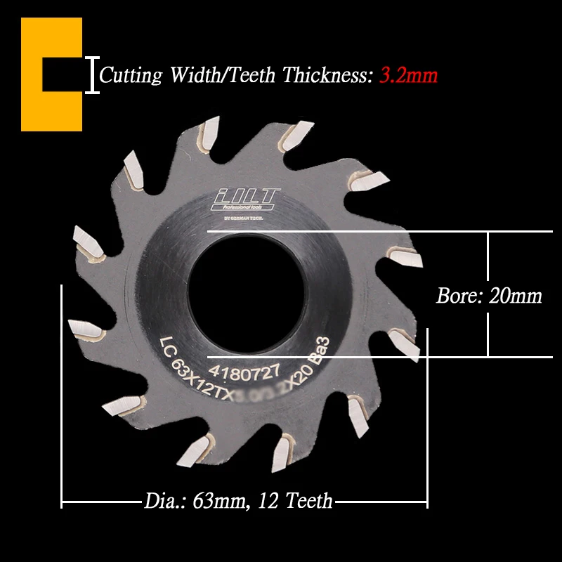 2," 63 мм TCT шлицевые пилы 63x20 мм TCT пазовые пилы 12 зубьев фреза для дерева(ширина реза от 1,8 до 5,5 мм - Длина режущей кромки: Cutting Width 3.2mm