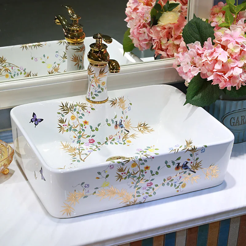 Flower and bird Painting Art Ceramic wash basin Bathroom Sink counter top washbasin bowl countertop wash basin (7)
