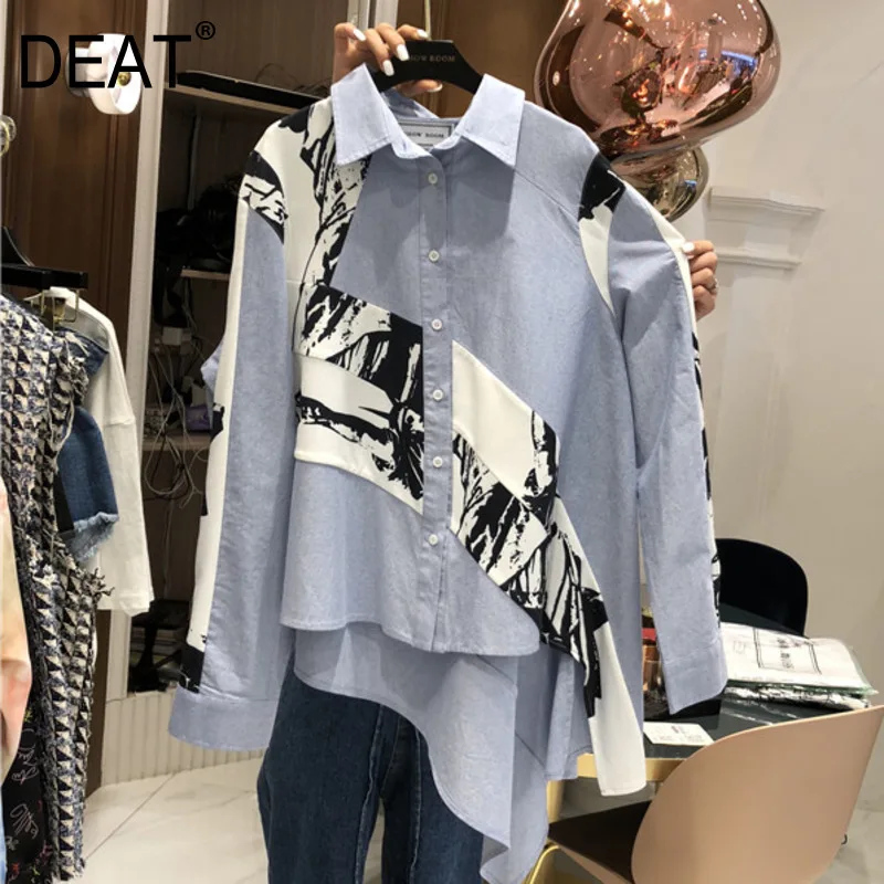 

DEAT 2019 new turn-down collar full sleeves inks printed single breasted full sleeves asymmetrical shirt female blouse WG72605