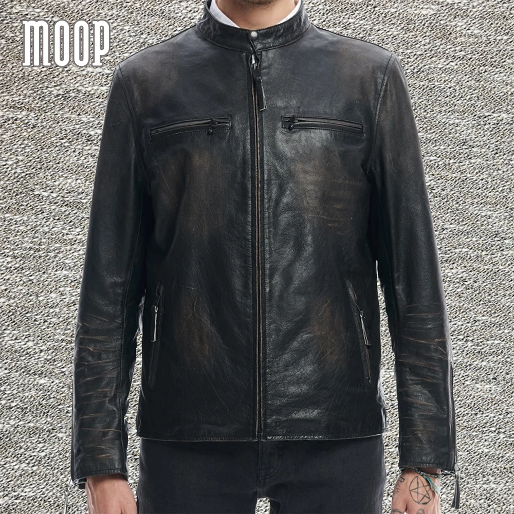 Black genuine leather jacket coat men washed vintage cowskin leather