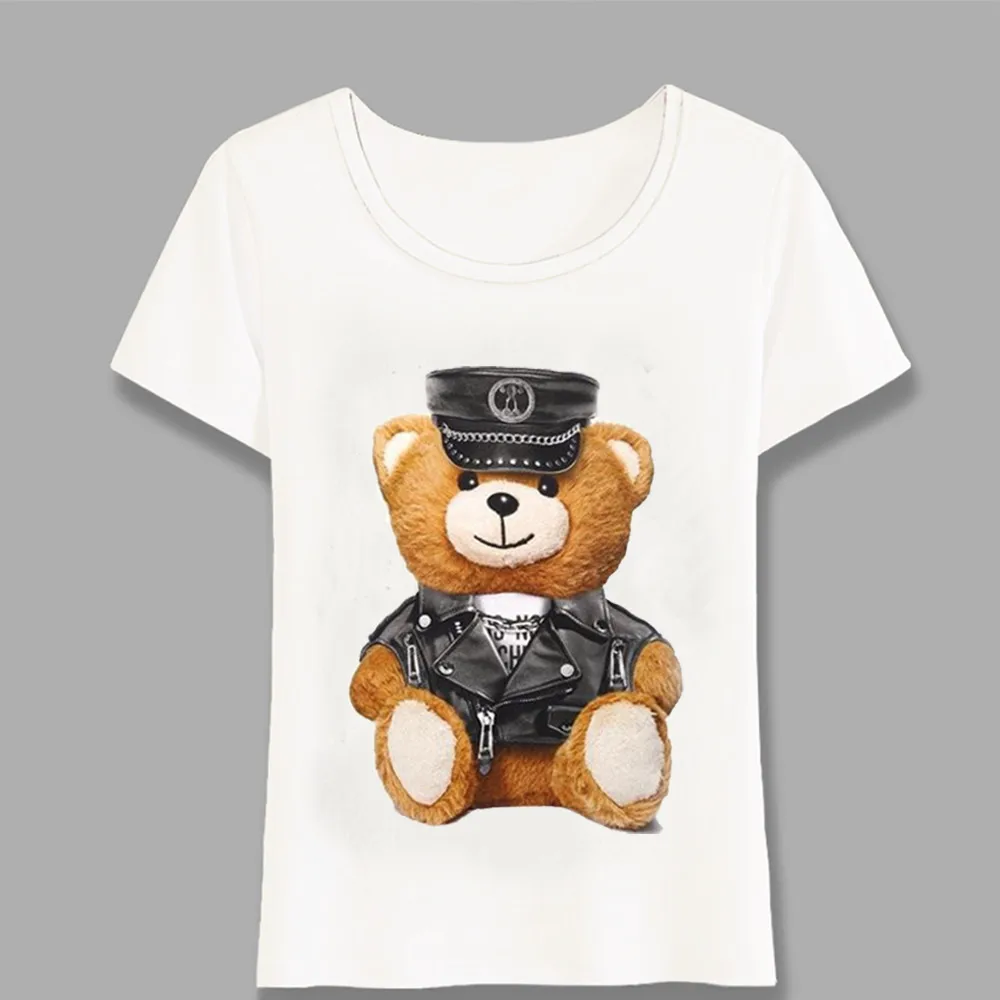 جديد الصيف أزياء المرأة قصيرة الأكمام سوبر لطيف فوج الشرطة الدب تيدي تي شيرت الأبيض قمم بارد محب تيز المتناثرة