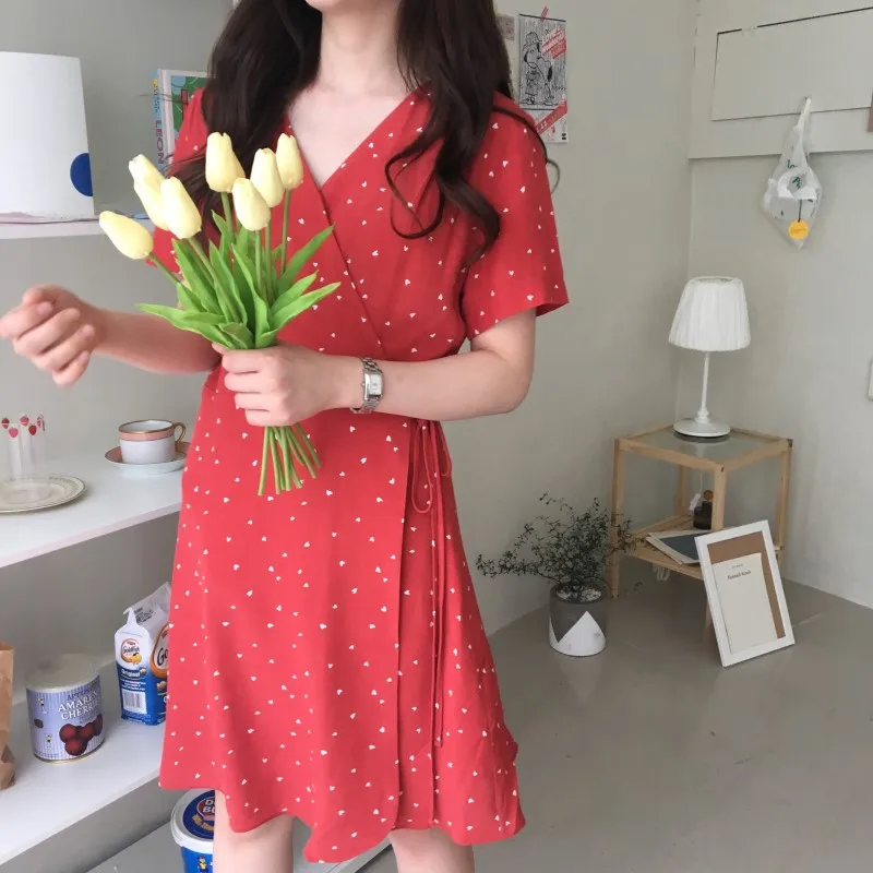 

korean Women Summer Red Short Wrap Bandage Dress V-neck Short Sleeve A-line Vestidos Robe Femme Sukienki Sundress Jurken