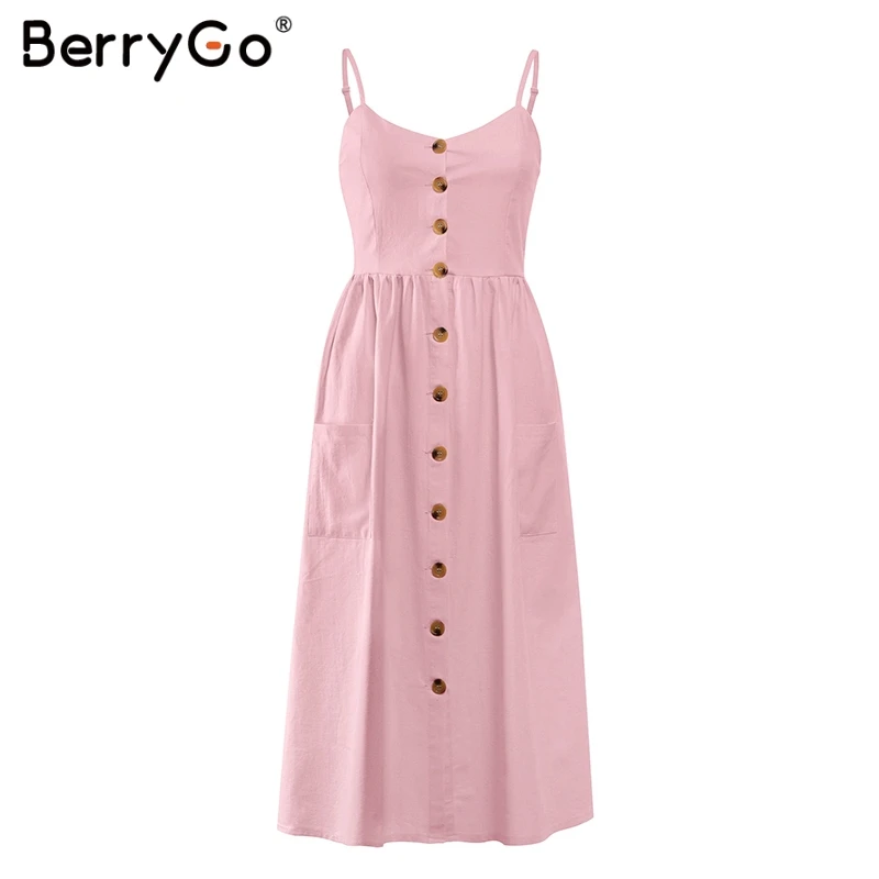 BerryGo элегантное Полосатое хлопковое женское платье с пуговицами, однотонное платье миди, плюс размер, летнее повседневное женское пляжное платье - Цвет: Light Pink