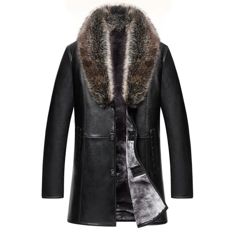  2019 New Brand Real Fur Collar Leather Jacket Men Russian Winter Single Breasted Windbreaker Jacket - 32948815962