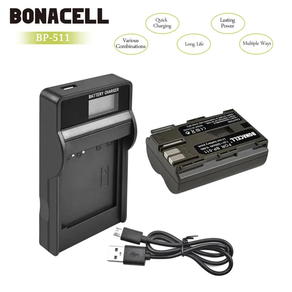 Bonacell 7,2 V 2200 мА/ч, BP-511 BP-511A BP 511A Батарея+ Батарея Зарядное устройство для цифровой однообъективной зеркальной камеры Canon EOS 40D 300D 5D 20D 30D 50D 10D G6 L10