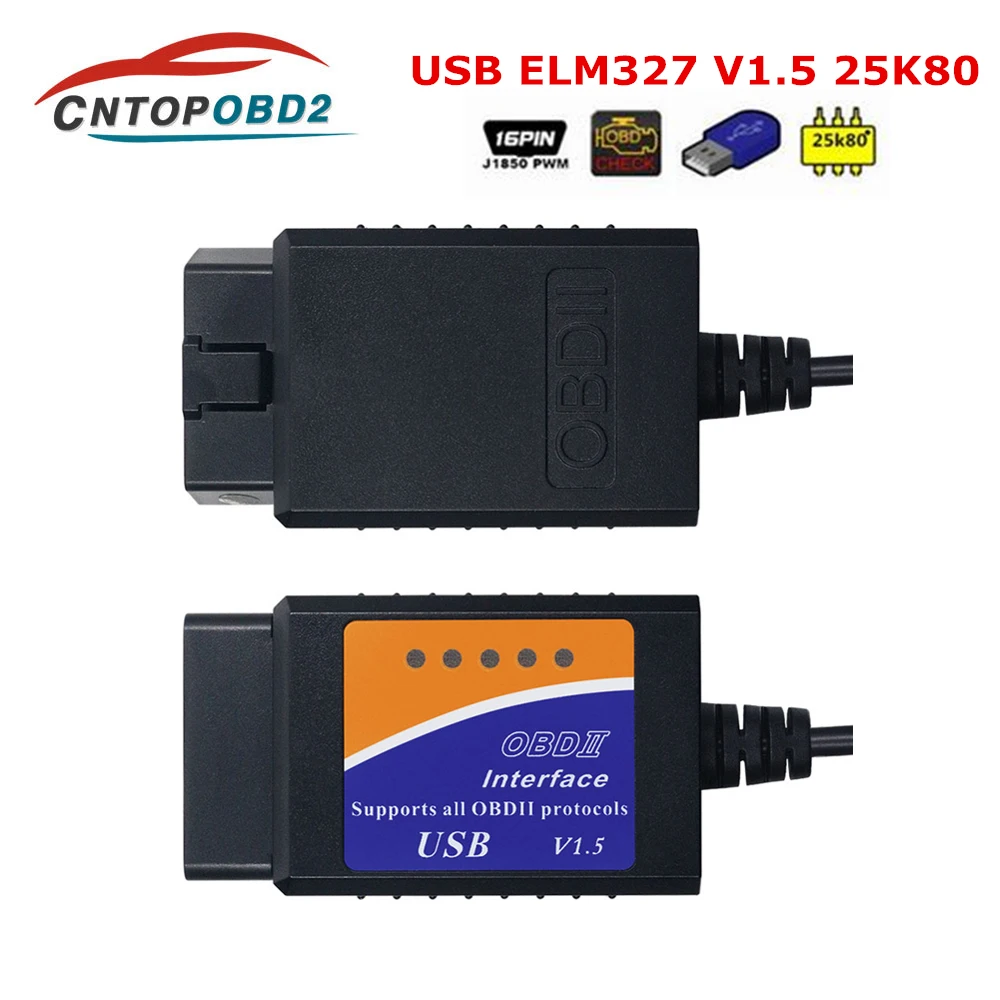 

Best Quality Elm327 USB V1.5 Obd2 Diagnostic Cable With Pic18f25k80 Chip Elm 327 Hardware 1.5 OBDII Scanner Elm327 Usb free ship