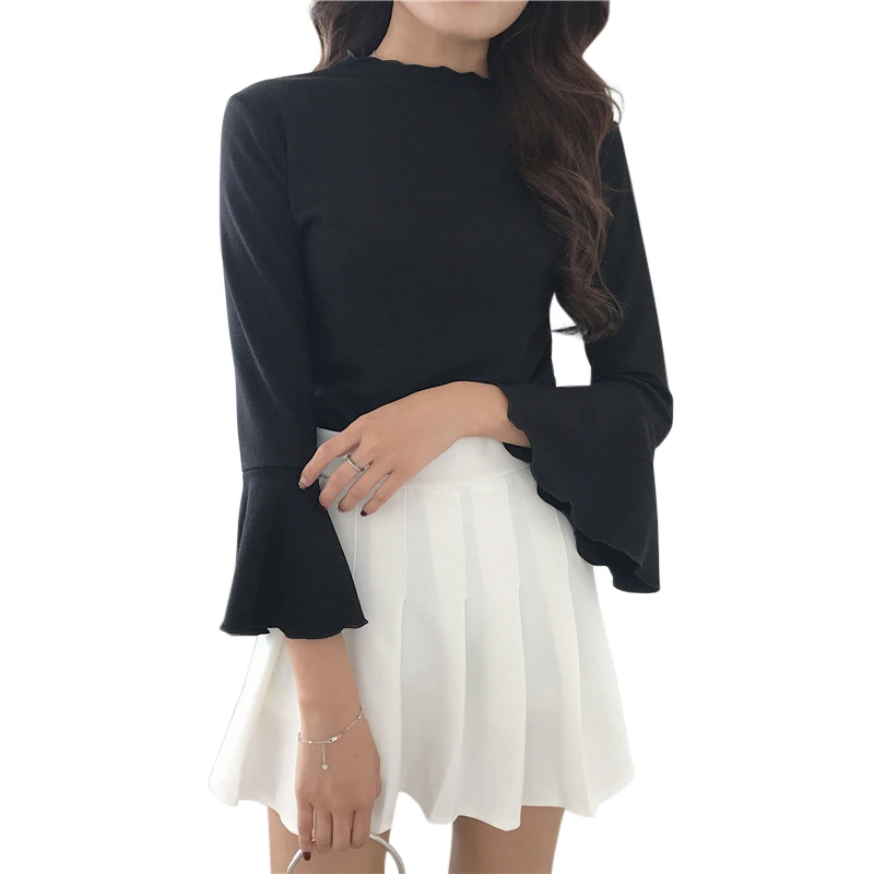 

Autumn Women White T Shirt Vintage Solid Turtleneck Long Sleeve Top Casual Streetwear Flare Sleeve Female T-shirts