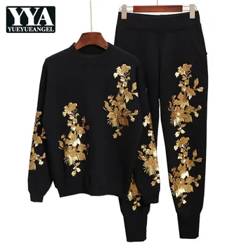 

Sequin Flower Embroidery Knitted Pullover And Pants 2 Piece Sets Women Autumn Winter Fashion Casual Harem Trousers Suit 2019 New